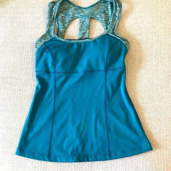 Prana Teal Green Mottled Print Keyhole Back Padded Workout Athletic Tank Top - Picture 1 of 10